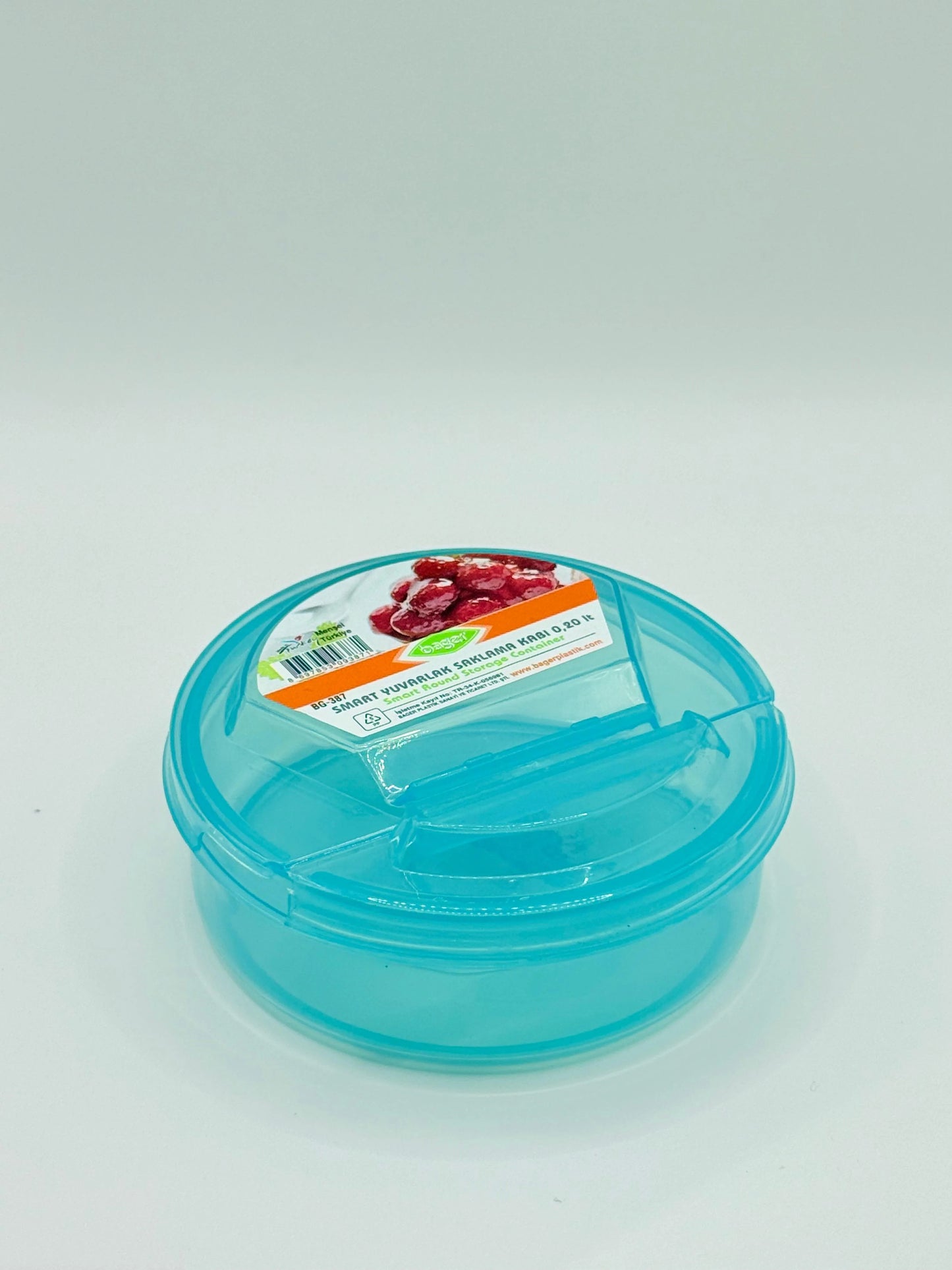 Blue plastic container with a label on a light gray background