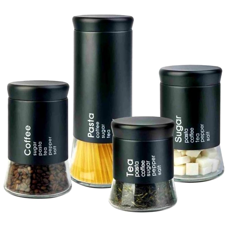 4 Piece Decadent Glass Jar Canisters Black
