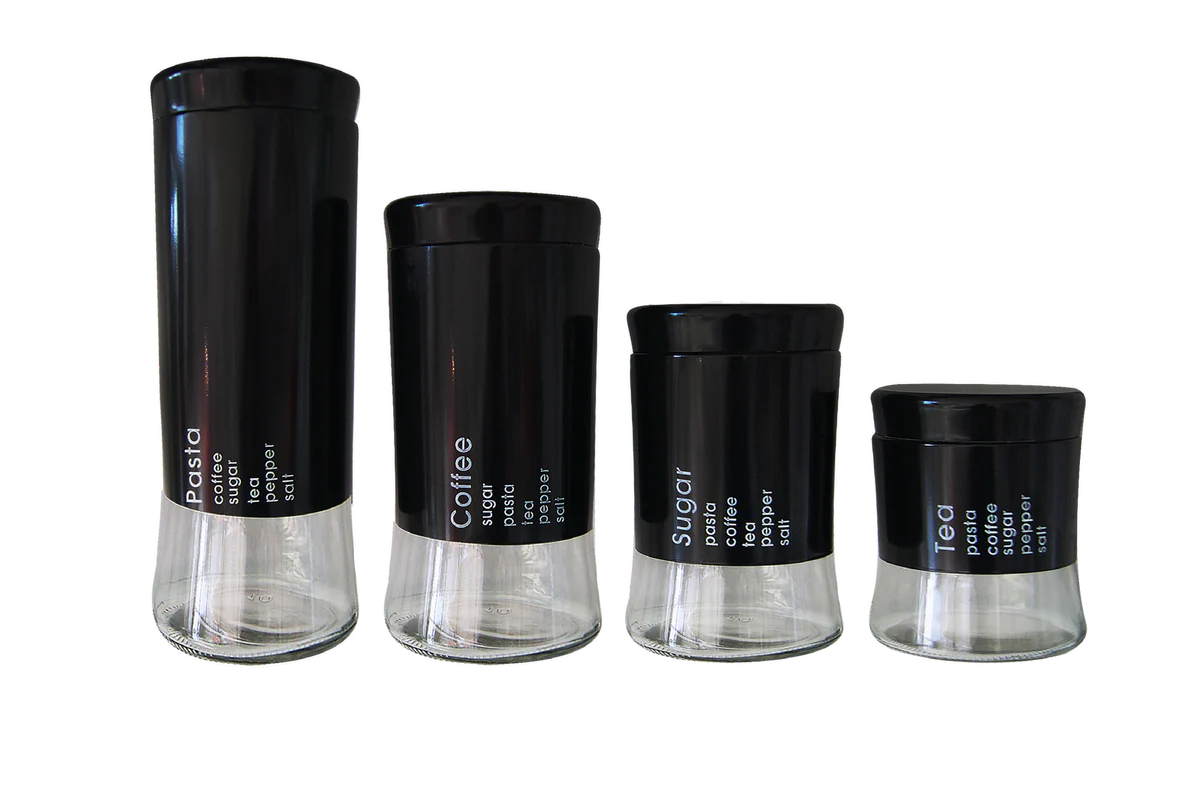 4 Piece Decadent Glass Jar Canisters Black